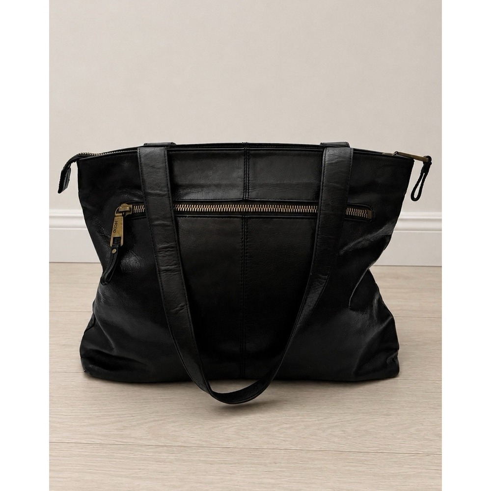 Hobo International Black Leather Tote Handbag Floral Lining Kiss Lock Pocket - Picture 8 of 10